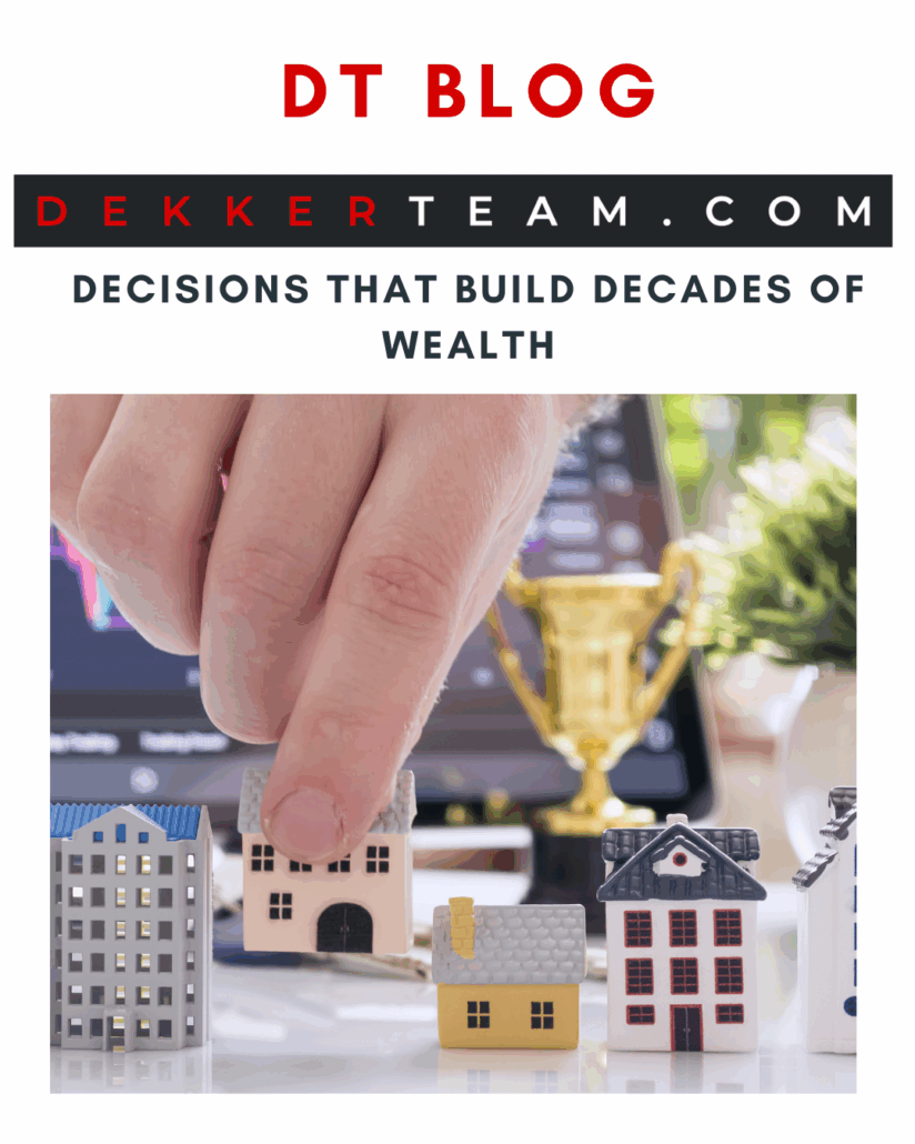 DT BLOG - DEKKERTEAM.COM Decisions That Build Decades of Wealth title above image of:   a person is moving miniature houses like game pieces on a desk