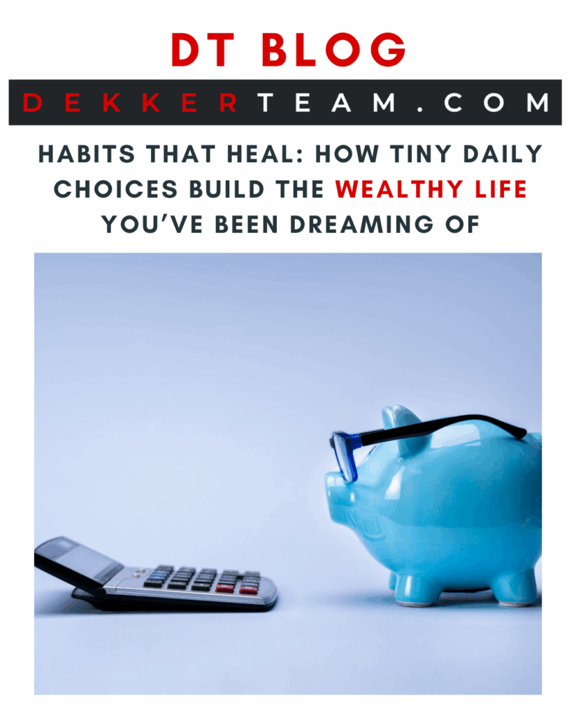 piggy bank with glasses and calculator on blue background - Habits That Heal: How Tiny Daily Choices Build the Wealthy Life You’ve Been Dreaming Of