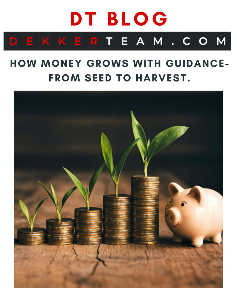 Blog graphic for DekkerTeam.com showing stacked gold coins increasing in height, each topped with a small green plant, symbolizing money growing over time. A pink piggy bank sits beside the tallest stack, representing saving, seed money, and guided wealth growth from seed to harvest.