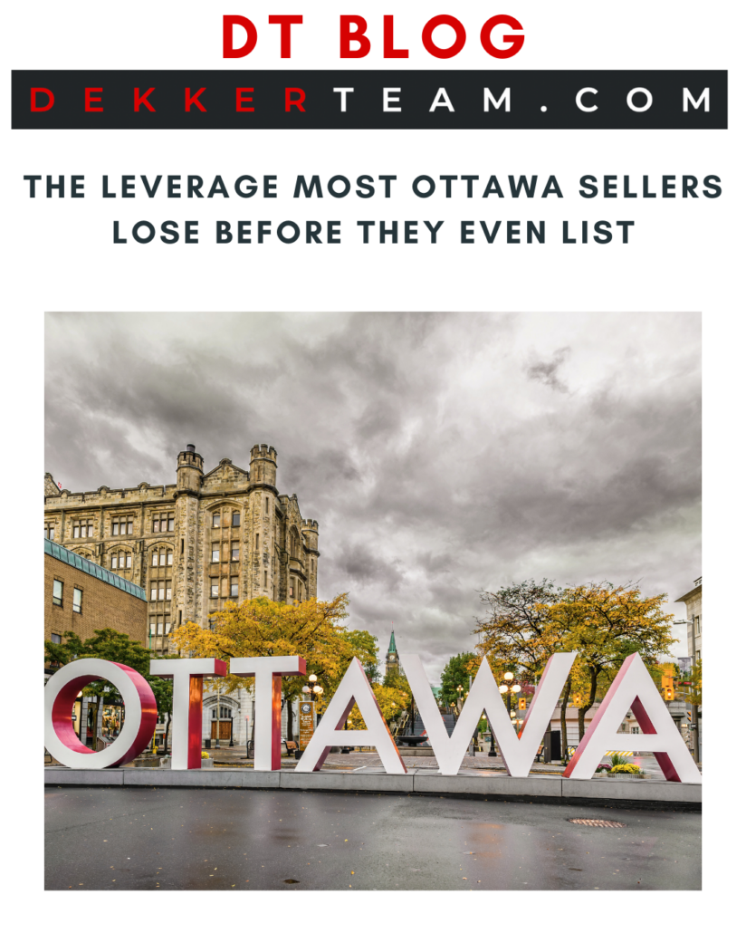 Dekker Team blog graphic titled “The Leverage Most Ottawa Sellers Lose Before They Even List,” featuring the Ottawa city sign and historic downtown buildings, highlighting real estate pricing strategy insights shared on the Dekker Team blog at https://dekkerteam.com/category/blog/ 