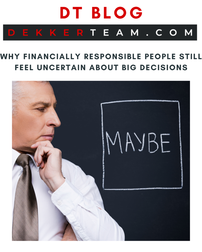 DT Blog  - A man in a white shirt and tie looks thoughtfully at the word "MAYBE" written in a box on a dark background. DEKKERTEAM.COM