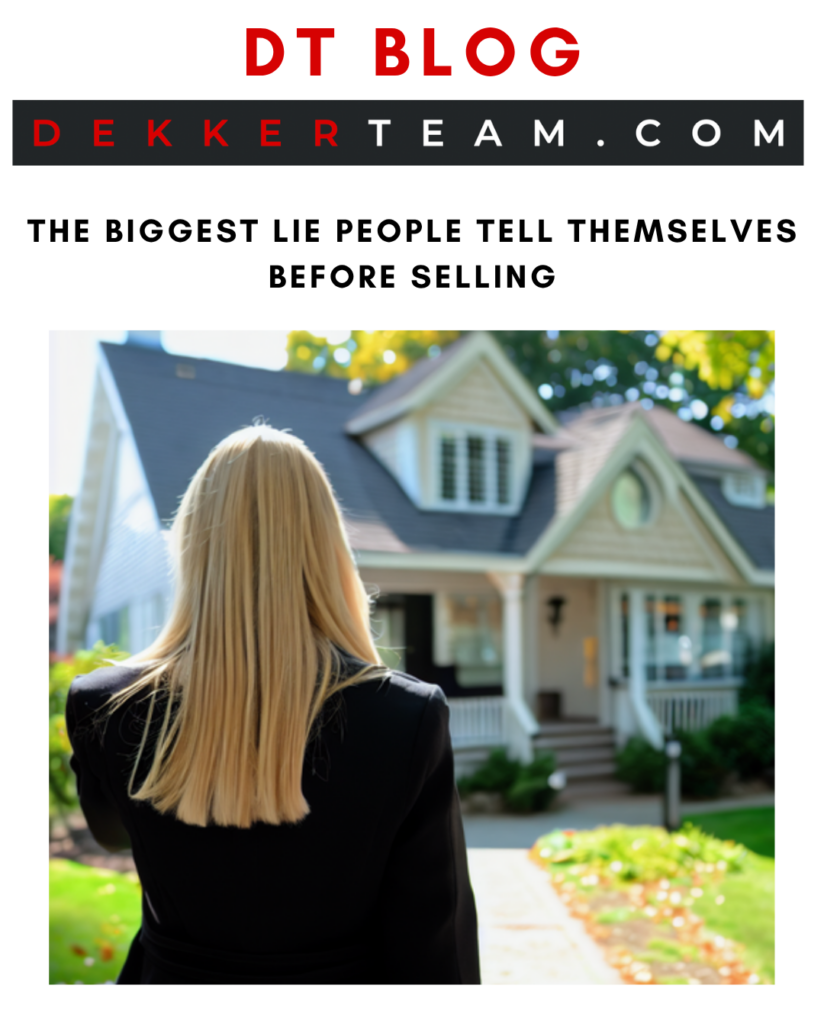 DT BLOG The Biggest Lie People Tell Themselves Before Selling - IMAGE: A person in a black jacket walks towards a house with a porch and a green lawn.