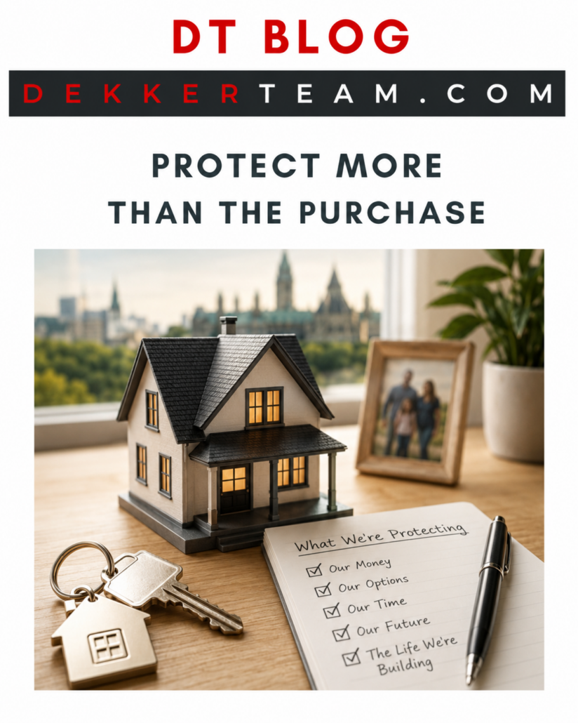DT Blog cover titled “Protect More Than the Purchase,” featuring a model home, house keys, a family photo and a handwritten checklist about protecting money, options, time, the future and the life being built.