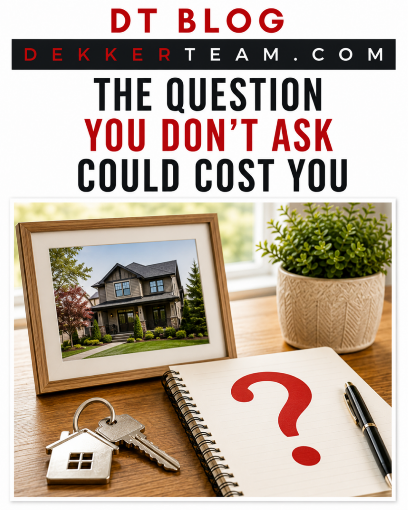 A framed photo of a house, keys with a house-shaped keychain, a notebook with a red question mark, and a potted plant on a wooden surface. The text "DT BLOG DEKKERTEAM.COM THE QUESTION YOU DON'T ASK COULD COST YOU" is overlaid on the image.